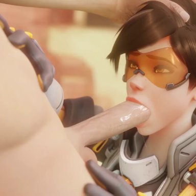 overwatch, overwatch 2, lena oxton, tracer, bewyx, cinderdryadva, lerico213, 1boy, 1girls, blowjob, blurry background, brown hair, clothed female, clothed female nude male, cum