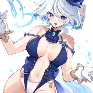 genshin impact, furina (genshin impact), mindoll, 1girls, ahoge, bare shoulders, blue eyes, blue hair, blue headwear, breasts, cleavage, grey hair, heterochromia, highleg, long hair