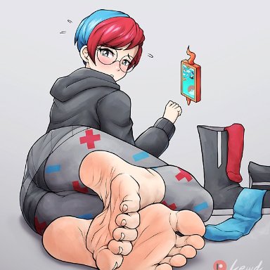 pokemon, pokemon sv, penny (pokemon), lewdsaiga, 1girls, ass, feet, female, female focus, female only, foot fetish, foot focus, red hair, shoes removed, socks removed