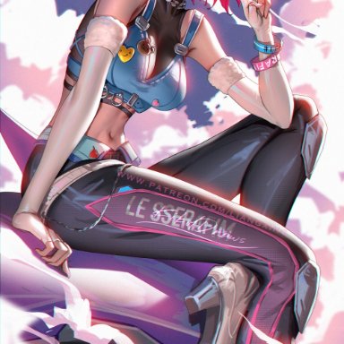 le sserafim, overwatch, overwatch 2, antifragile dazzle, d.va, liang xing, breasts, female, gorgeous, gradient hair, looking at viewer, multicolored hair, peace sign, short hair, skin tight