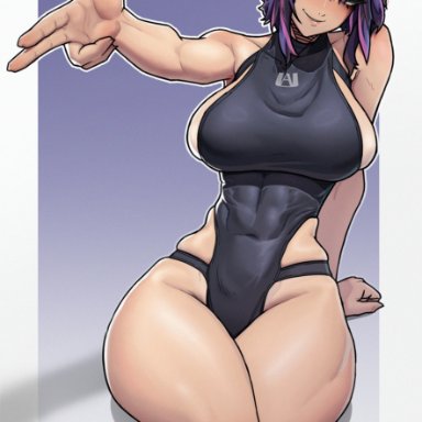 my hero academia, lady nagant, stopu, 1girls, abs, big breasts, black leotard, black one-piece swimsuit, female, large breasts, one-piece swimsuit, purple eyes, purple hair, smile, solo