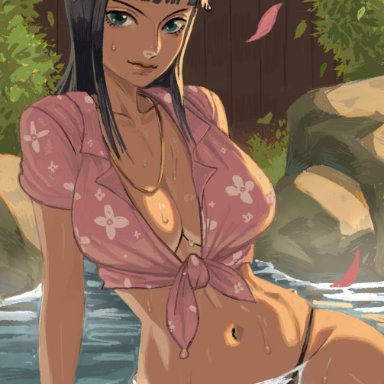 one piece, nico robin, taikolum, 1girls, bangs, belly button, big breasts, black hair, blue eyes, breasts, cleavage, cropped shirt, exposed midriff, female, female only
