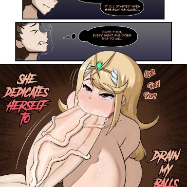 xenoblade (series), xenoblade chronicles 2, mythra, rex (xenoblade), fake face, 1boy, 1girls, big breasts, blonde hair, blowjob, breasts, brown eyes, cock worship, female, femdom