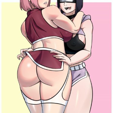 boruto: naruto next generations, naruto, naruto (series), hyuuga hinata, sakura haruno, donchibi, 2girls, ass, ass focus, big ass, big breasts, bra, breasts, covered eyes, dat ass