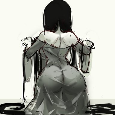 the ring, yamamura sadako, rakeemspoon, 1girls, ass, behind view, big ass, black hair, dress, ghost girl, long hair, see-through clothing, solo, white background