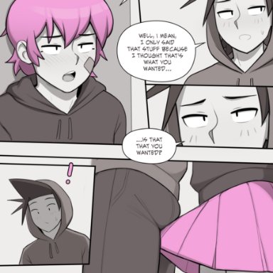 jacob (dross), taylor (dross), dross, 2boys, bandage, black hair, blush, bulge, crossdressing, cute male, erection under clothes, erection under skirt, femboy, gay, hoodie