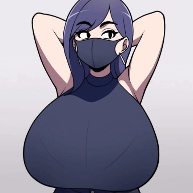 original, nozomi, nozomi (jam-orbital), original character, jam-orbital, lehornysfx, violetva, 1girls, arms behind head, arms up, big breasts, black eyes, bounce, bouncing breasts, bra visible through clothes