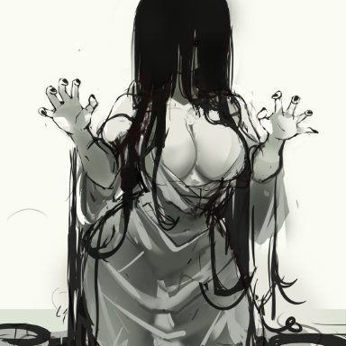 the ring, yamamura sadako, rakeemspoon, 1girls, big breasts, black hair, breasts, cleavage, dress, ghost girl, long hair, see-through clothing