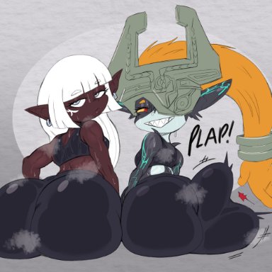 final fantasy xiv, the legend of zelda, twilight princess, imp midna, mary muffin (cobatsart), midna, cobatsart, purple yoshi draws, 2girls, ass, ass slap, ass to ass, big ass, bottom heavy, bubble butt