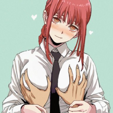 chainsaw man, makima (chainsaw man), shiren, 1boy, 1boy1girl, big breasts, blush, blushing, braid, braided hair, breasts, busty, clothed, female, fondling