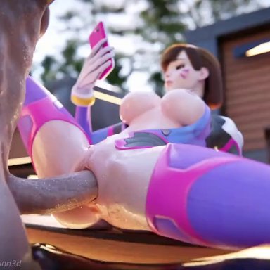 overwatch, overwatch 2, d.va, reinamation3d, 1boy, 1boy1girl, 1girl1boy, 1girls, big breasts, big penis, breasts, breasts out, brown hair, emotionless, emotionless sex