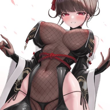 goddess of victory: nikke, sakura (nikke), fins (pixiv29142276), 1girls, areola slip, black bodysuit, black panties, bodysuit, breasts, bridal gauntlets, cleft of venus, covered nipples, cutout, hair bun, hair ornament