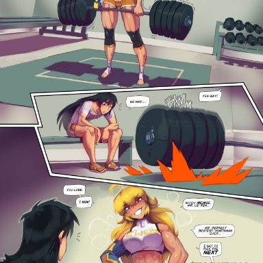 rwby, lie ren, yang xiao long, fred perry, 1boy, 1girl, 1girls, abs, before sex, female, long hair, male, muscles, muscular, muscular female