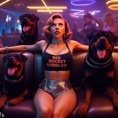 scarlett johansson, 1girls, blonde hair, canine, nightclub, zoophilia, ai generated, celebrity