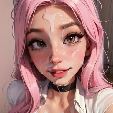 belle delphine, taliredmint, after fellatio, after oral, after sex, camera view, cum, cum on breasts, cum on face, eye contact, facial, looking at viewer, pink hair, selfie, smile