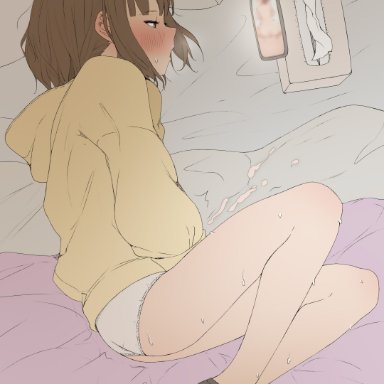 original, akaihoppe, 1boy, black socks, blurry, blush, brown eyes, brown hair, cellphone, clothed masturbation, crossdressing, cum, cum on sheets, ejaculation, femboy