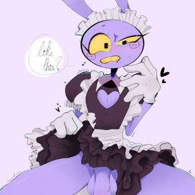 the amazing digital circus, jax (the amazing digital circus), 1persontyler, anthro, blush, boob window, bunny, bunny ears, confused, confusion, cum, gloves, heart, maid, maid outfit