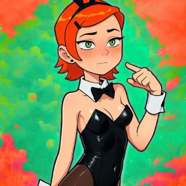 gwen tennyson, bulge quest, blush, bunnysuit, cuffs, embarrassed, green eyes, playboy bunny, red hair, short hair, small breasts, ai generated