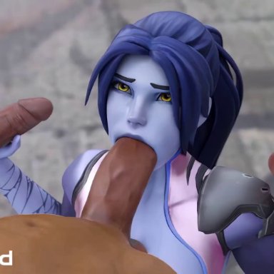 blizzard entertainment, overwatch, amelie lacroix, widowmaker, aphy3d, munt works, 1girls, 3boys, big penis, blowjob, blowjob only, blue hair, blue skin, dark blue hair, dark skin