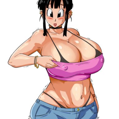 dragon ball, chichi, panarandom, 1girls, adjusting clothes, armwear, big breasts, black bra, black eyes, black hair, black thong, blue shorts, blush, bra, bracelet