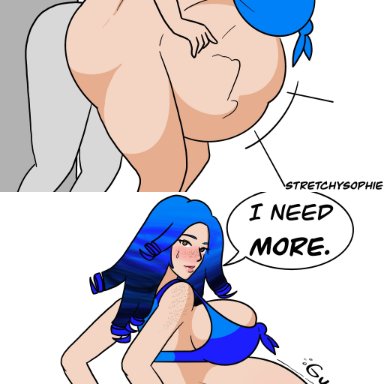 original, original character, stretchysophie, 1boy, 1girls, anal vore, ass, belly, belly bulge, big ass, big belly, big belly bulge, big breasts, big butt, blue hair