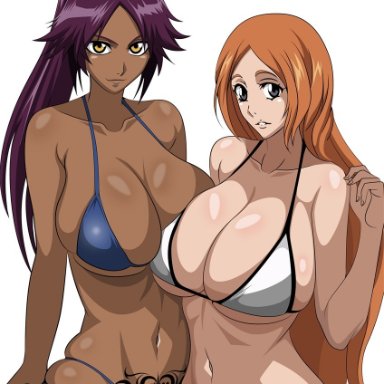 bleach, inoue orihime, shihouin yoruichi, yxyyxy, 2girls, belly button, big breasts, bikini, breasts, brown eyes, busty, cleavage, curvy, dark skin, dark-skinned female