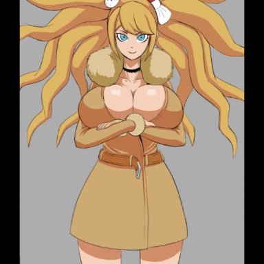 danganronpa, junko enoshima, anythinggoes, maximum strike edit, big breasts, blonde hair, blue eyes, bouncing breasts, breasts, coat, female, flashing, hips, looking at viewer, naked