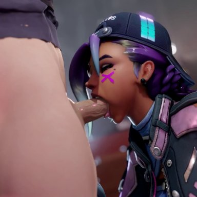 blizzard entertainment, le sserafim, overwatch, overwatch 2, antifragile slay star, sombra, 1boy, 1girls, blowjob, braided hair, looking back, rough sex, standing, standing sex, 3d (artwork)