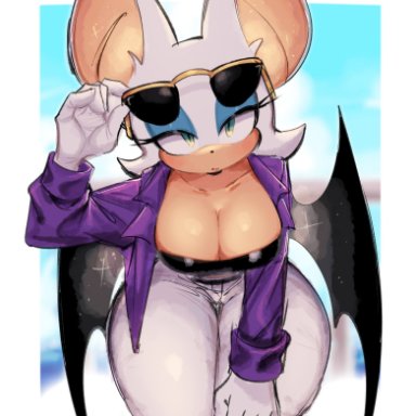 sonic (series), sonic the hedgehog (series), rouge the bat, usa37107692, anthro, bat, big breasts, big thighs, breasts, clothed, fur, gigantic thighs, glasses, green eyes, huge thighs