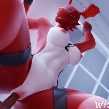 bandai namco, digimon, digimon (species), guilmon, wigfritter, ambiguous gender, animal humanoid, anthro, anthro on human, balls, big breasts, blush, bodily fluids, bouncing breasts, breasts