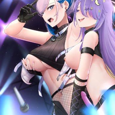 hololive, hololive indonesia, moona hoshinova, pavolia reine, landacdeus, 2girls, armpits, arms, arms up, belly, belly button, blue eyes, boobs, breast grab, breasts