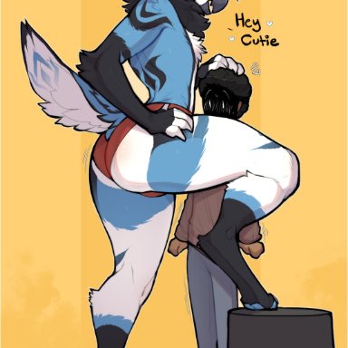 ace (claweddrip), rovik (rovik1174), claweddrip, 2boys, anthro, anthro male, avian, beak, bedroom, bird, black hair, blush, brown skin, bulge, chest tuft