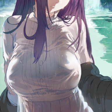 sousou no frieren, fern (sousou no frieren), hews, hews hack, barely visible pubic hair, barely visible pussy, bottomless, forest, fully clothed, huge breasts, no panties, partially submerged, pussy, river, see-through clothing