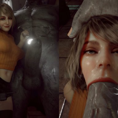 capcom, resident evil, resident evil 4 remake, ashley graham, ashley graham (ella freya), mr x, x3d, :&gt;=, 1girls, ahe gao, big breasts, big penis, blowjob, cock worship, deepthroat