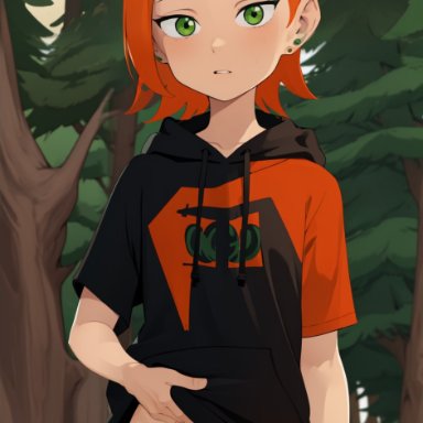 ben 10, cartoon network, gwen tennyson, vinkz, 1girls, blush, ear piercing, earrings, female, forest, forest background, green eyes, hoodie, hoodie lift, orange hair