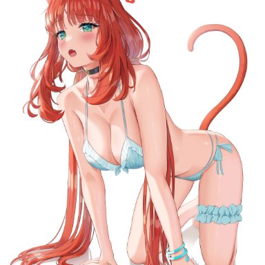 genshin impact, nilou (genshin impact), dokimaru, 1girls, all fours, anthro, bikini, blue eyes, blush, breasts, cat ears, cat tail, catgirl, choker, cleavage