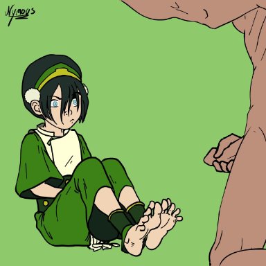avatar the last airbender, nickelodeon, anon, toph bei fong, nymous, 1boy, 1girl, angry, annoyed, barefoot, black, blind, clothed, commanding female, cum