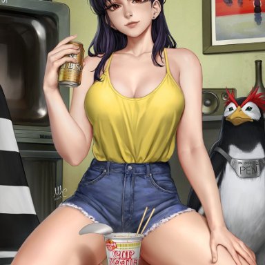 neon genesis evangelion, misato katsuragi, sciamano240, 1girls, clothed, denim shorts, large breasts, looking at viewer, on knees, purple hair, red eyes, shorts, smile, smiling at viewer, spaghetti strap