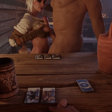 cd projekt red, the witcher (series), the witcher 3: wild hunt, ciri, geralt of rivia, missed call, 1girls, 2boys, areolae, big penis, boobjob, breast press, breasts, cheating, cheating female