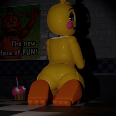 five nights at freddy's, five nights at freddy's 2, toy chica (fnaf), toy chica (love taste), zxxxarts, dildo, looking back, masturbation, pink cheeks, robot girl, semi nude, sex toy, vaginal penetration, 3d, animated