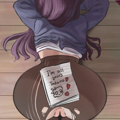 komi-san wa komyushou desu, komi shouko, incinerated art, ass, ass focus, ass up, behind view, clothes on floor, dark hair, notebook, on the floor, pantyhose, purple hair, pussy, pussy peek