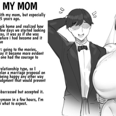 big breasts, busty, embarrassed, imminent incest, imminent sex, incest, incest marriage, married couple, milf, mother, mother and son, son, wedding dress, caption, edit