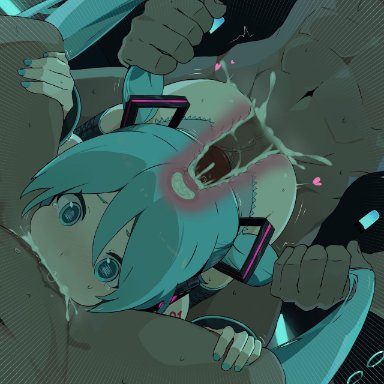 vocaloid, hatsune miku, all the way to the base, blue eyes, blue hair, cum in mouth, cum in pussy, hair pull, spitroast, twintails, x-ray
