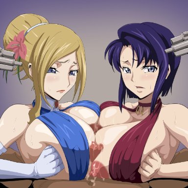 code geass, cecile croomy, milly ashford, iwao178, 2girls, assisted rape, blonde hair, blue eyes, blue hair, breasts, busty, captured, captured heroine, collaborative paizuri, defeated