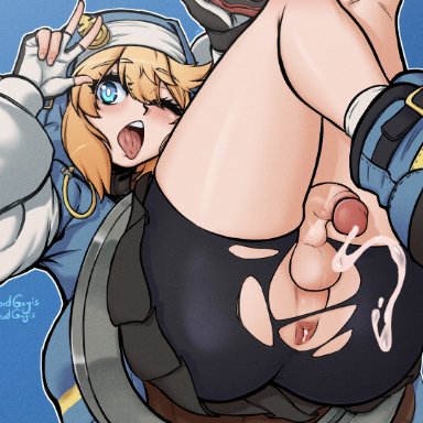 guilty gear, guilty gear strive, bridget, lordguyis, 1boy, androgyne symbol, androgynous, anus, bike shorts, blonde hair, blue eyes, cum, cum in ass, exposed penis, femboy