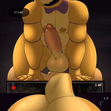 five nights at freddy's, fnaf, golden freddy (fnaf), night guard (fnaf), derickk76, 2boys, animatronic, anthro, ass, balls, bear, erection, faceless male, furry, gay