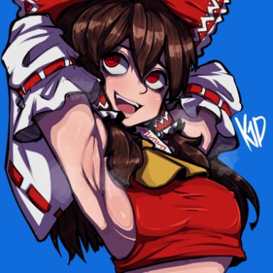 touhou, hakurei reimu, reimu hakurei, th3k1d, 1girls, arm up, armpit, armpit crease, armpit fetish, armpits, arms behind head, brown hair, brunette, brunette hair, clothed