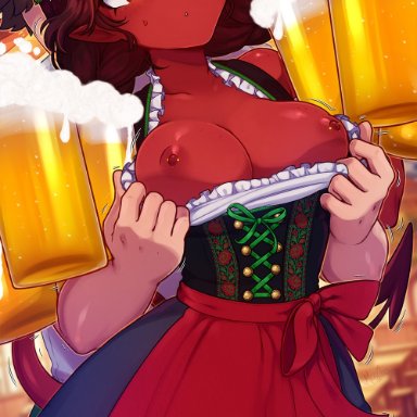 oktoberfest, original, meru (merunyaa), meruccubus (merunyaa), original character, merunyaa, 1girls, bangs, beer, beer mug, blunt bangs, blush, corset, dress, female