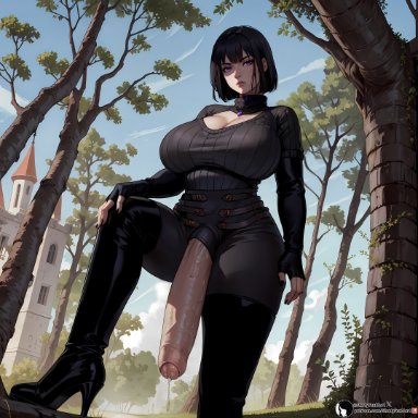 original, original character, shadyfox, 1futa, big breasts, big penis, black hair, black nails, bob cut, bodily fluids, boots, breasts, castle, cleavage, cloud