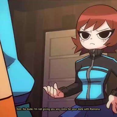 scott pilgrim, kim pine, scott w pilgrim, diives, 1boy, 1boy1girl, 1girls, areolae, big thighs, blush, brown hair, cum, cum in pussy, cum inside, erect penis